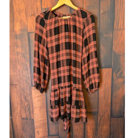 Cloth & Stone long sleeve plaid knee length drop waist dress size Medium - Picture 1 of 5
